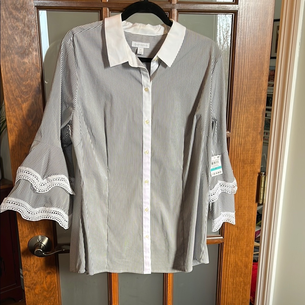 Black and White Striped Blouse with Bell Sleeves